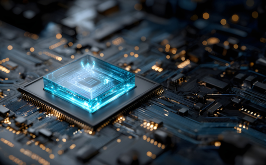 a glowing computer chip in a circuit board