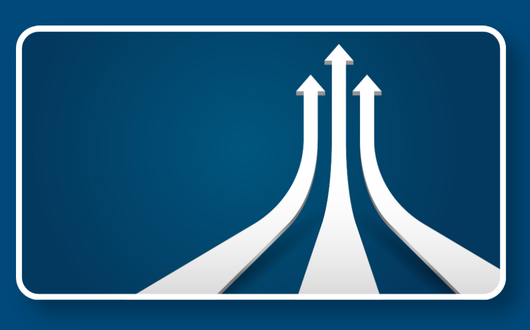 Three white arrows moving up on a blue background