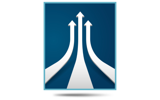 Three white arrows moving up on a blue background with a teal border