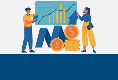Cartoon icon of people looking at financial charts