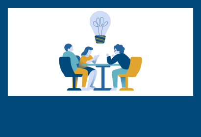 Cartoon icon of three people discussing an idea