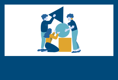 Cartoon icon of three people stacking shapes