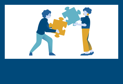 Cartoon icon of two people trying to fit puzzle pieces together