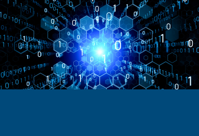Abstract digital data symbols around a glowing blue light
