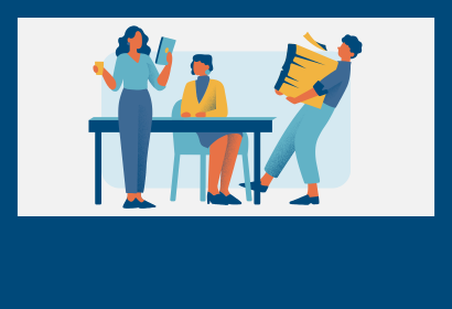 cartoon icon of a person carrying a stack of files towards a table