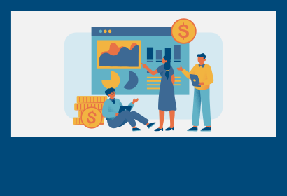 Cartoon icon of people collaborating in front of a board with money and data symbols