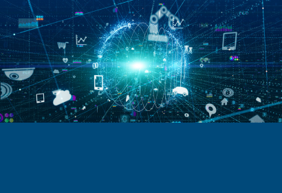 Abstract digital data symbols around a glowing teal light