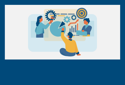 cartoon icon of people working together at a board with charts and graphs