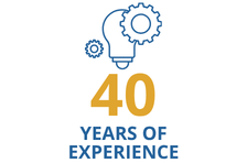 Icon of a lightbulb and gears with text: 40 years of experience