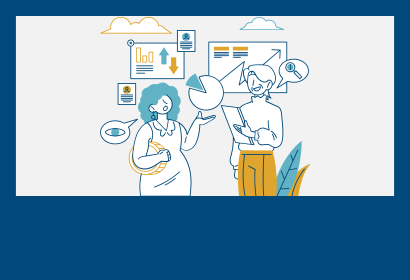 Cartoon icon of two people discussing charts and data