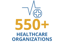Icon of a healthcare symbol with text: 550+ Healthcare Organizations