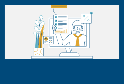 Cartoon icon of a person coming out of a computer screen holding a checklist with charts