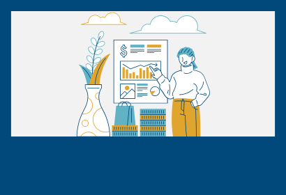 Cartoon icon of a person pointing to a board with financial data