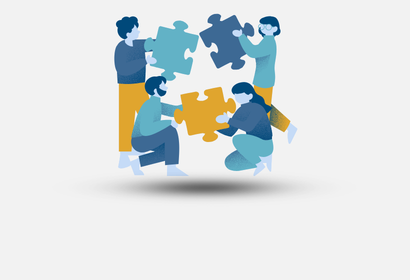 Cartoon icon of 4 people with disconnected puzzle pieces