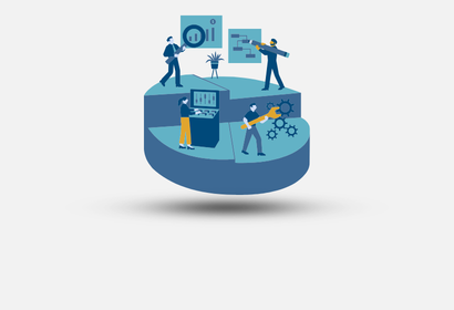 Cartoon icon of four people standing on a sphere each working on a different task or project