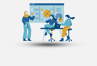 Cartoon icon of three people gathered around a table and a presentation board with data