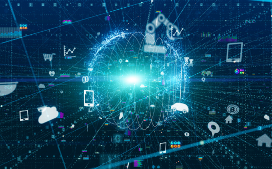 Abstract digital data symbols around a glowing teal light