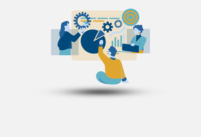 Cartoon icon of three people working to solve a complex problem