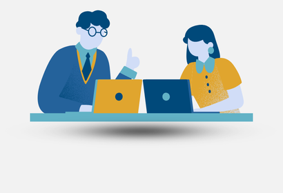 Cartoon icon of two people conversing and working at computers
