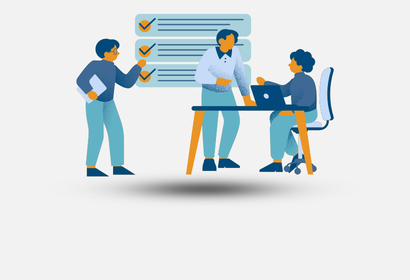 Cartoon icon of three people collaborating at a table with a large checklist in the background