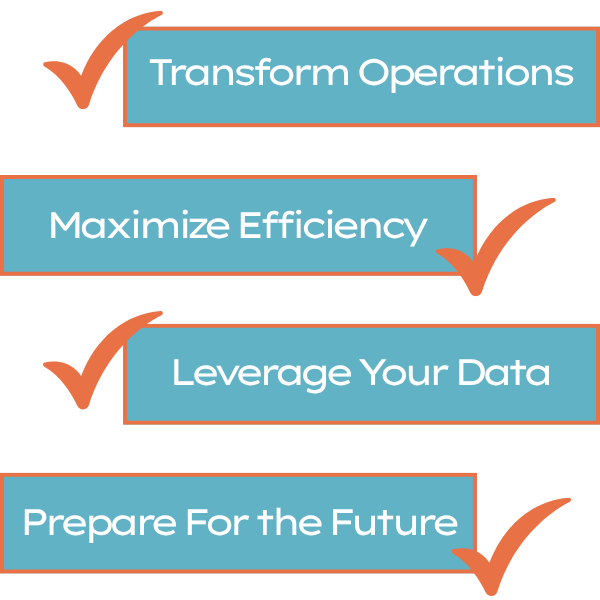 Checklist with text "transform operations, maximize efficiency, leverage your data, and prepare for the future"