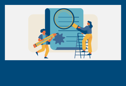 cartoon icon of two people examining a large piece of paper with a large magnifying glass