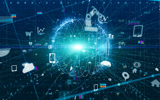 Abstract digital data symbols around a glowing teal light