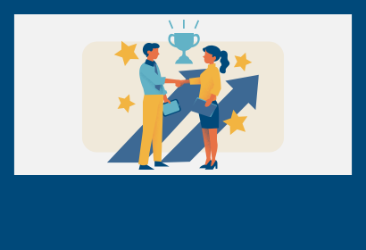 cartoon icon of people shaking hands in front of upward facing arrows and a trophy