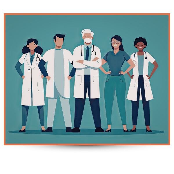 Cartoon image of five healthcare professionals standing empowered in front of a teal background