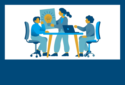 Cartoon icon of people collaborating over an idea