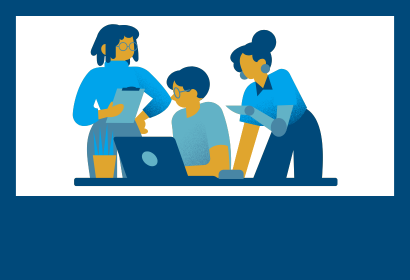 Cartoon icon of 3 people looking at a laptop