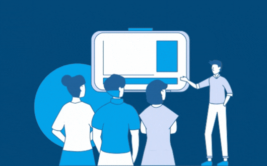 gif of cartoon people reviewing a presentation of data