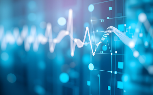 A digital blue background with an abstract heartbeat line