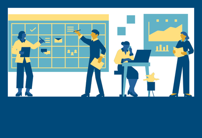 Cartoon icon of four people working on a calendar, a presentation board, and a laptop