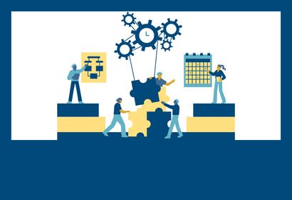 Cartoon icon of people working together on various projects, with people in the middle holding disjointed puzzle pieces