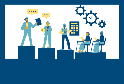 Cartoon icon of people standing on pillars working on separate tasks