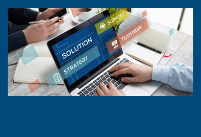 A computer screen displaying solution, strategy, support, and teamwork