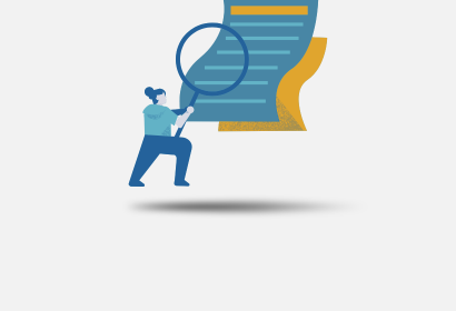 Cartoon icon of a person examining large papers with a magnifying glass