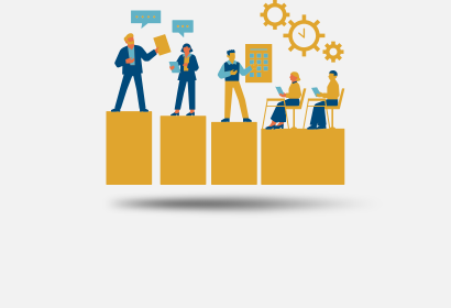 Cartoon icon of people standing on pillars and working