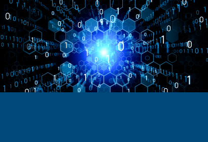 Abstract digital data symbols around a glowing blue light