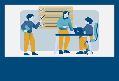 Cartoon icon of three people collaborating over a checklist