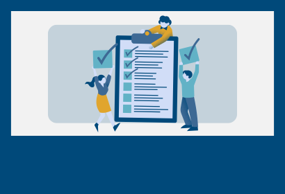 Cartoon icon of three people adding check marks to a large to-do list