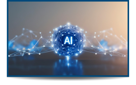 digital blue ball with AI on it floating over a tan background with a blue border