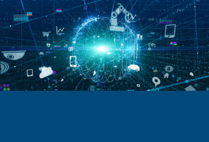 Abstract digital data symbols around a glowing teal light